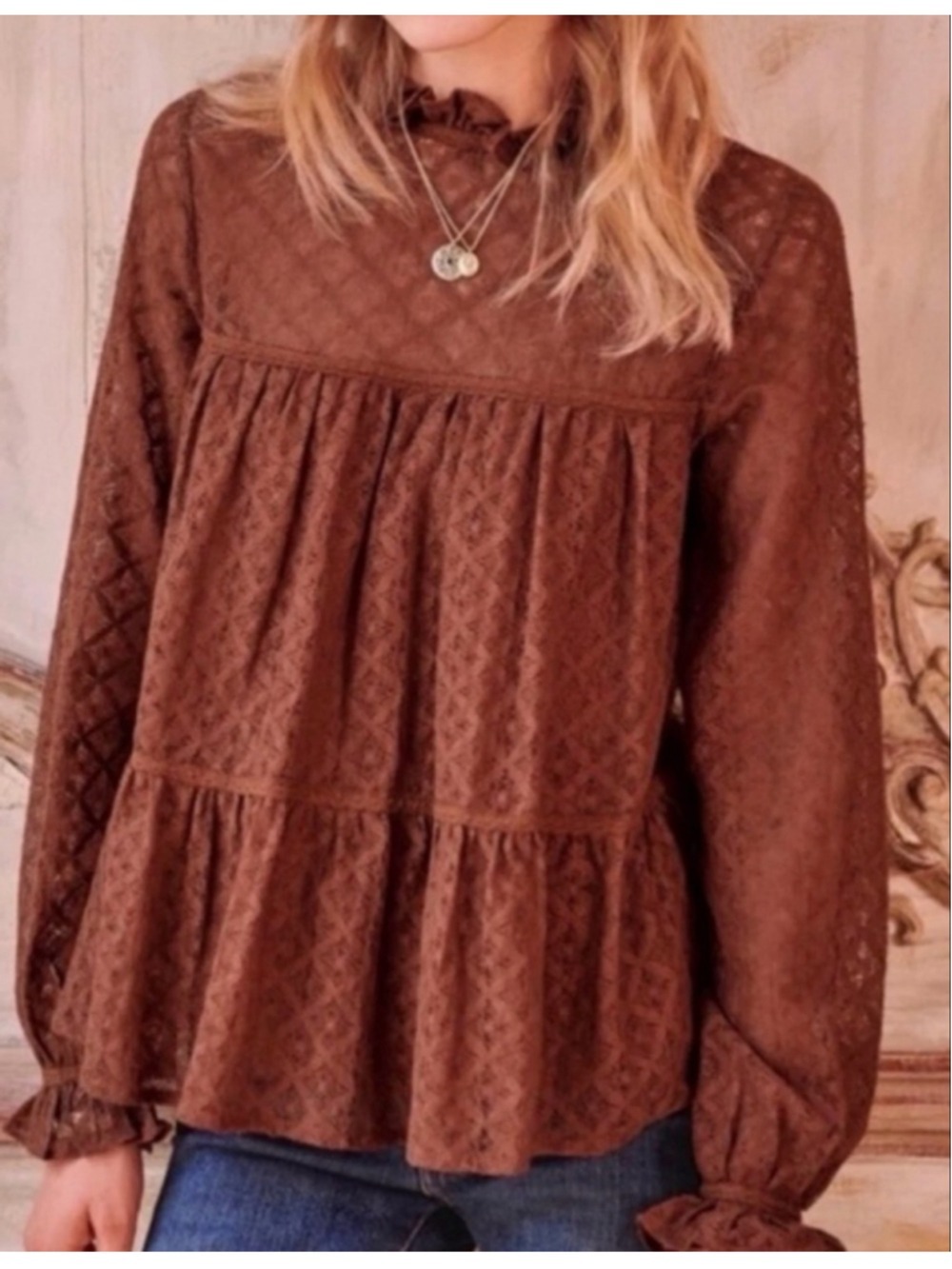 Sezane Lace Ruffle Eyelet Blouse Fall Brown Boho Size 36/SMALL Quiet Luxury